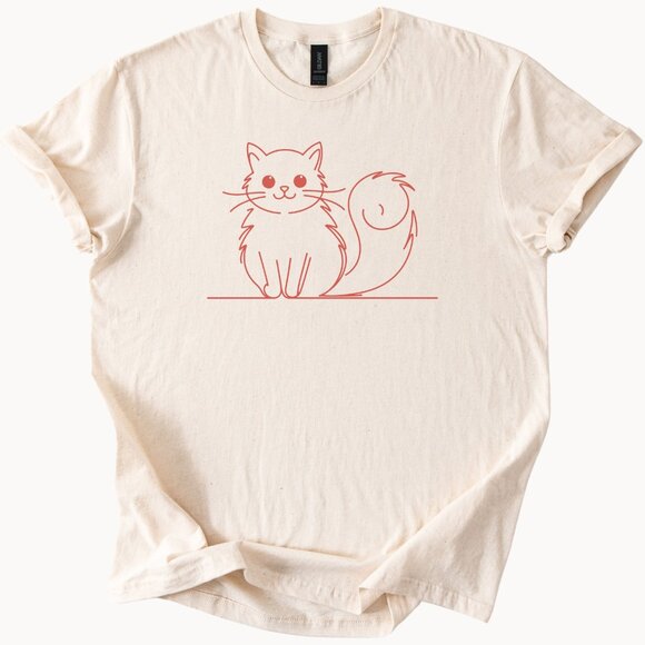 Gildan Tops - Minimalist Red Outline Cat Graphic T-Shirt Cute Kitten Tee